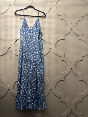 Blue Floral Slip Maxi Dress with Ruffle Hem